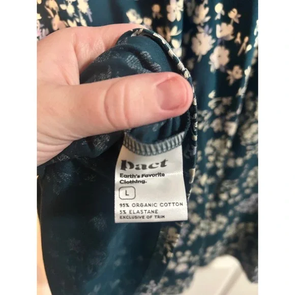 Pact Womens Organic Cotton Floral Fit and Flare Dress Teal 3/4 Sleeve Large - Picture 2 of 6